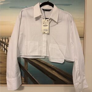 Zara White Cropped Blazer with Large Collar